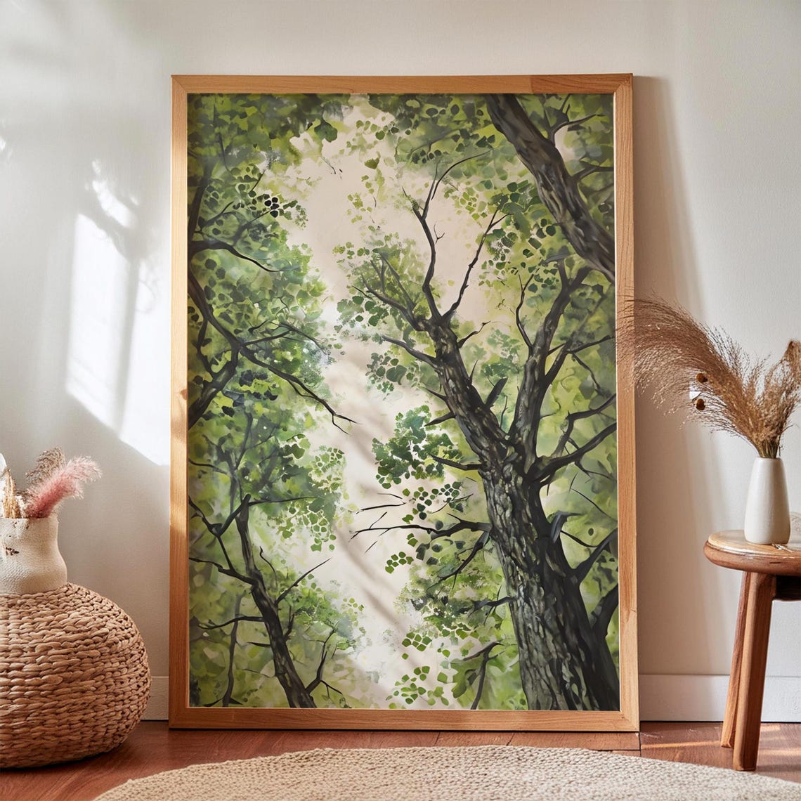 Looking Up At Green Forest Canopy Tree Tops Watercolor Wall Art