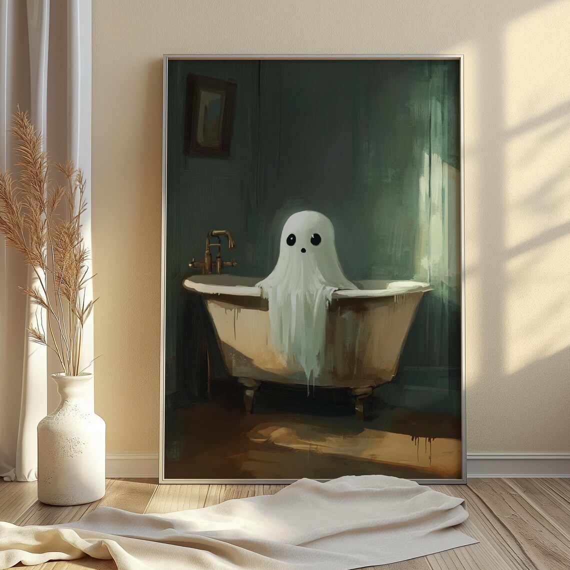 Cute Little Ghost in Vintage Bathtub Moody Green Painterly Halloween Poster - Image 3
