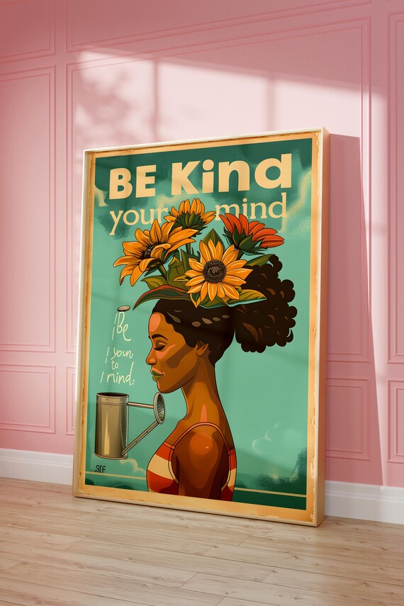 Be Kind to Your Mind Retro Floral Head Vintage Self Care Quote Poster