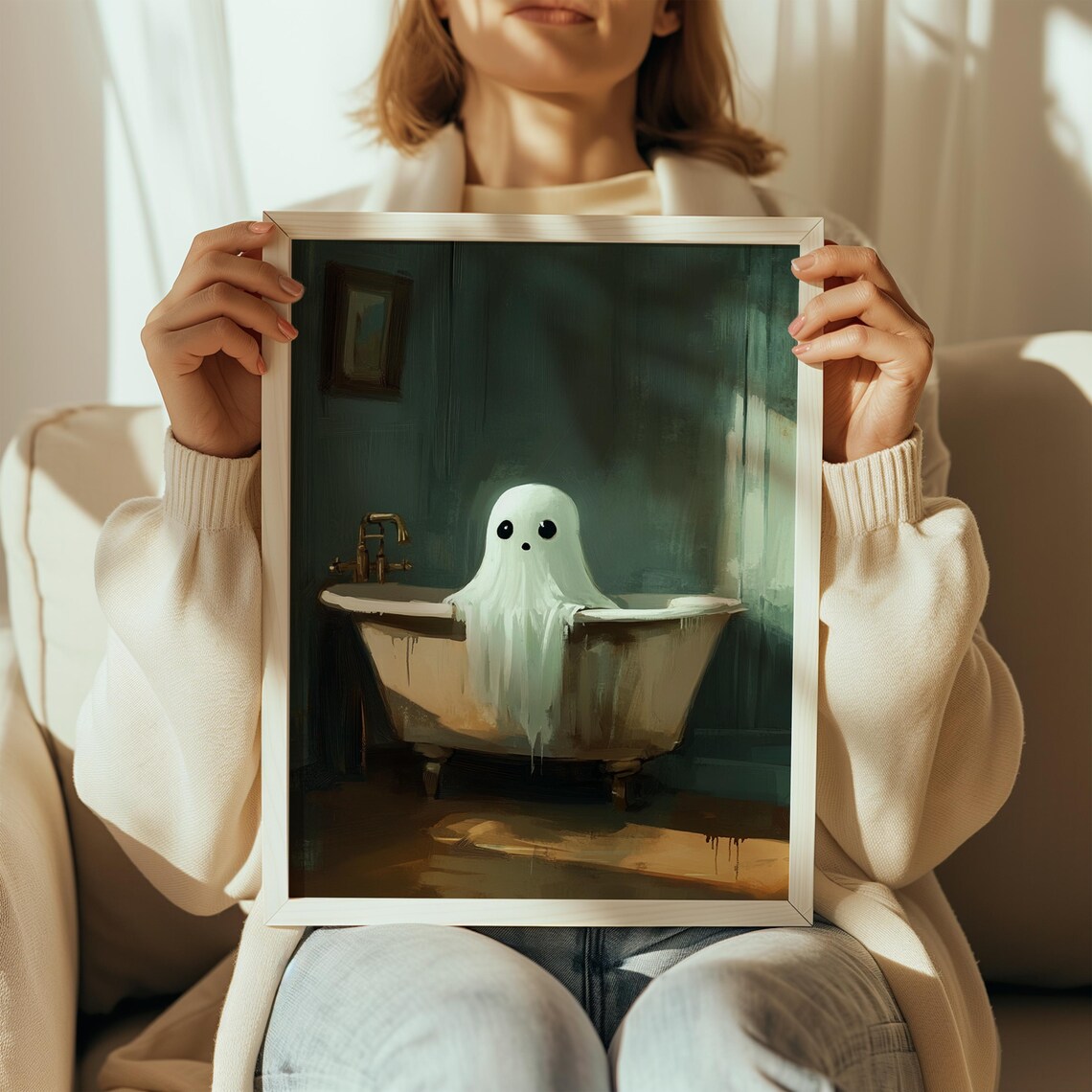 Cute Little Ghost in Vintage Bathtub Moody Green Painterly Halloween Poster - Image 2
