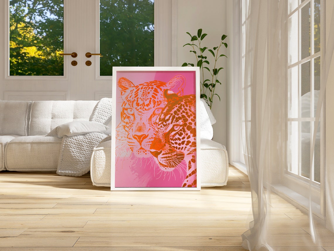 Orange And Pink Pop Art Leopard Double Portrait Trendy Art Poster - Image 3