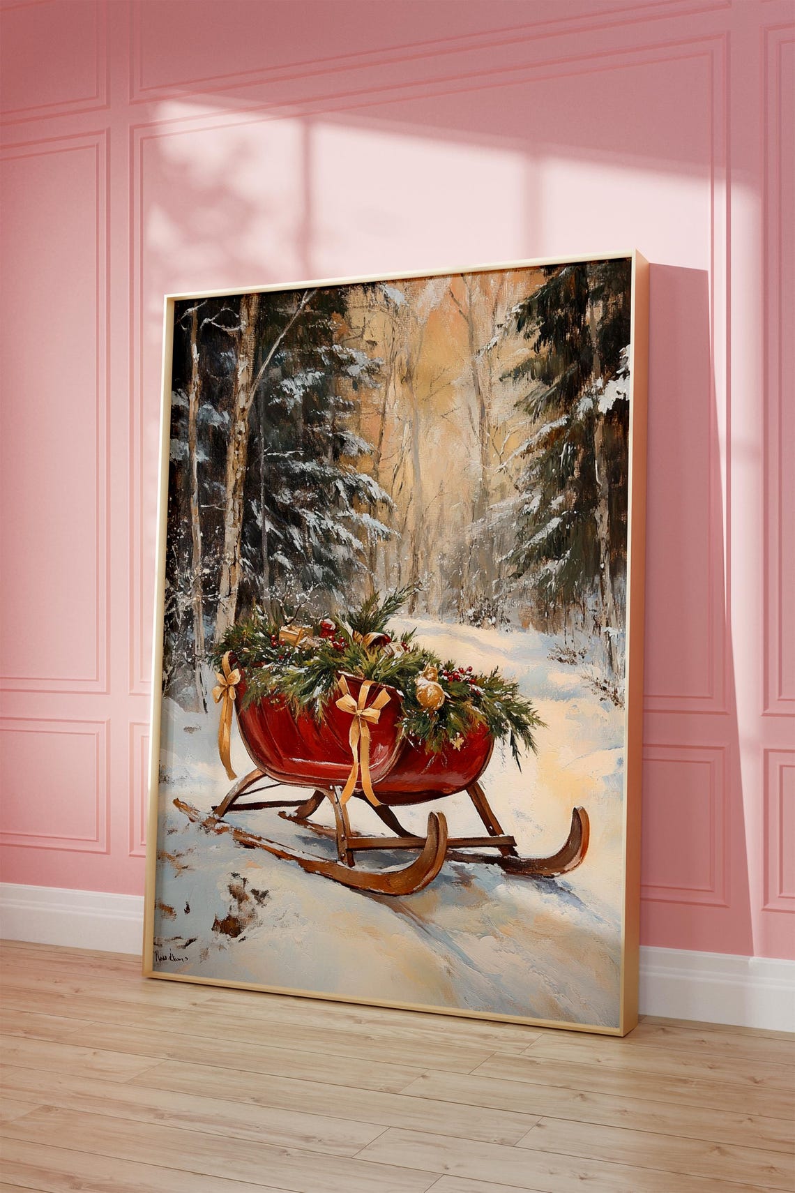 Red Christmas Sleigh With Garland Winter Forest Oil Painting Poster