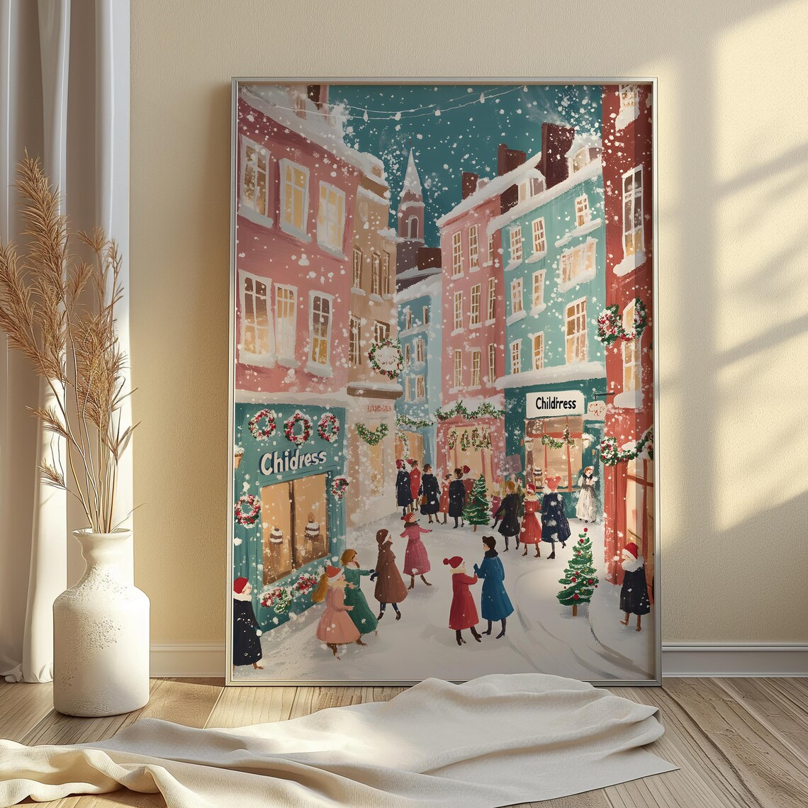 Snowy Christmas Shopping Street Childress Storefront Festive Poster - Image 3
