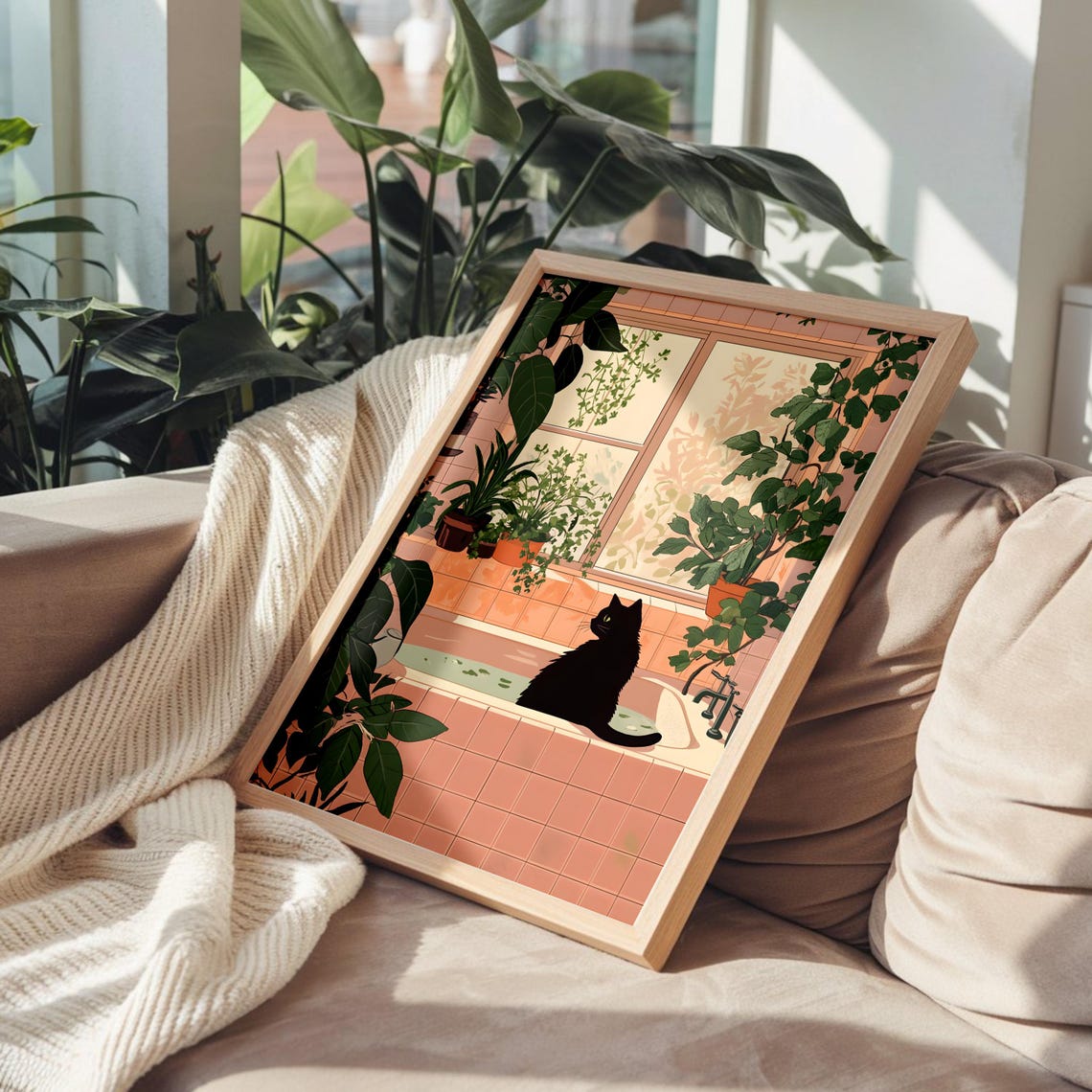 Black Cat On Pink Bathtub Surrounded By Lush Green Plants Poster - Image 2