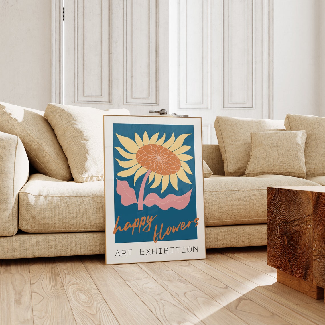 Happy Flowers Art Exhibition Sunflower Teal Blue Bold Botanical Poster - Image 2