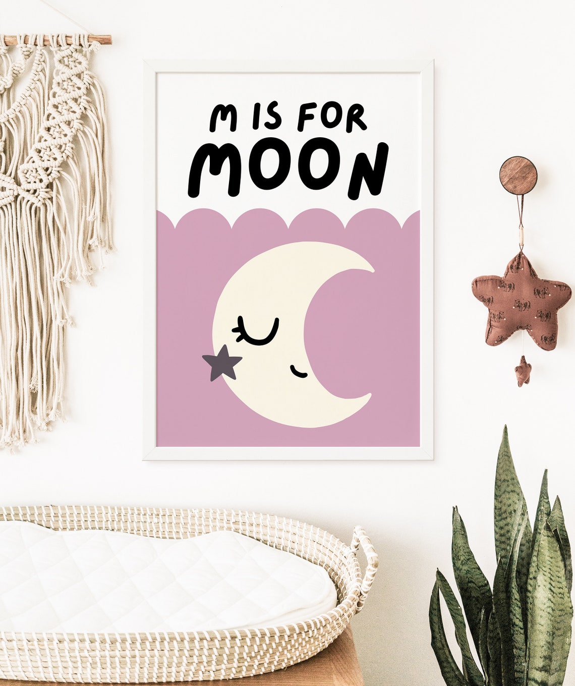 M Is For Moon Boho Nursery Sleeping Crescent Moon Star Kids Poster - Image 2