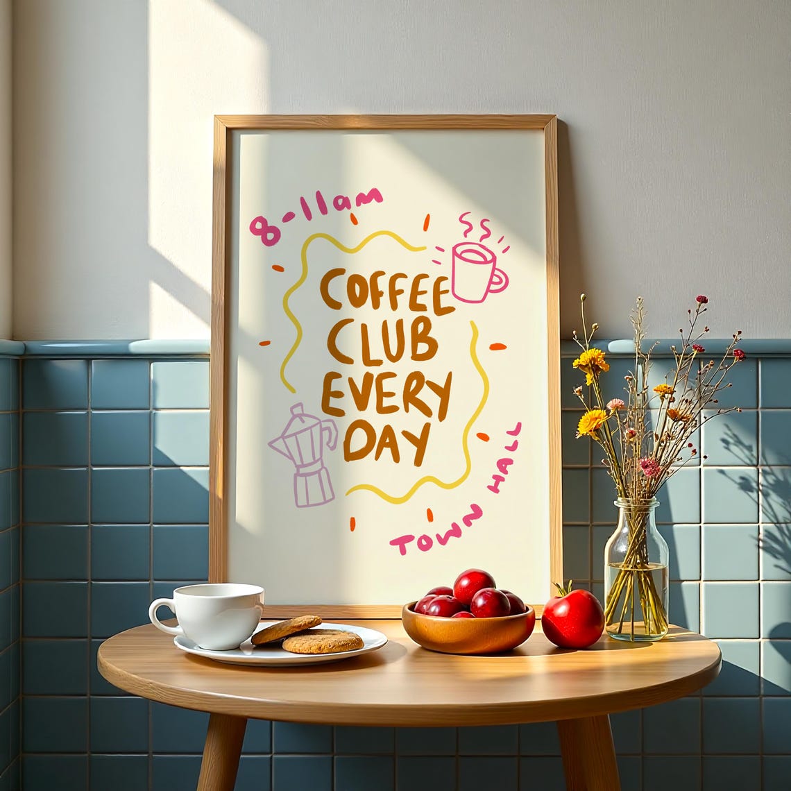Fun Coffee Club Every Day Hand Drawn Morning Kitchen Art Poster - Image 2