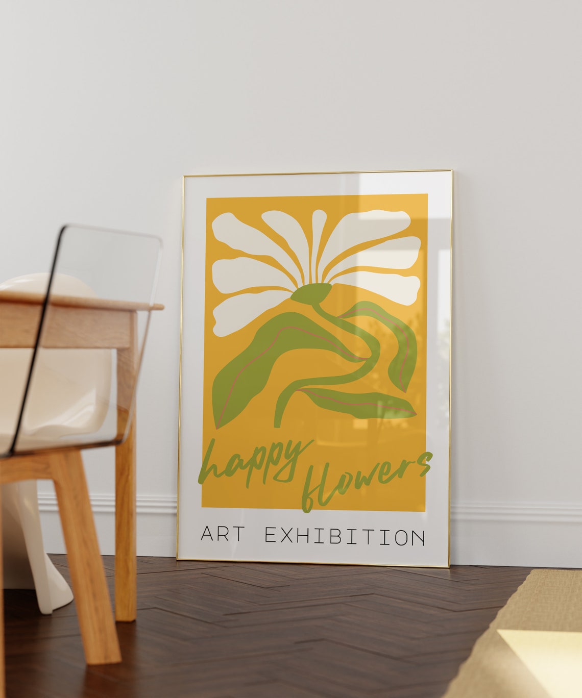 Happy Flowers Art Exhibition White Daisy Mustard Yellow Floral Poster - Image 2