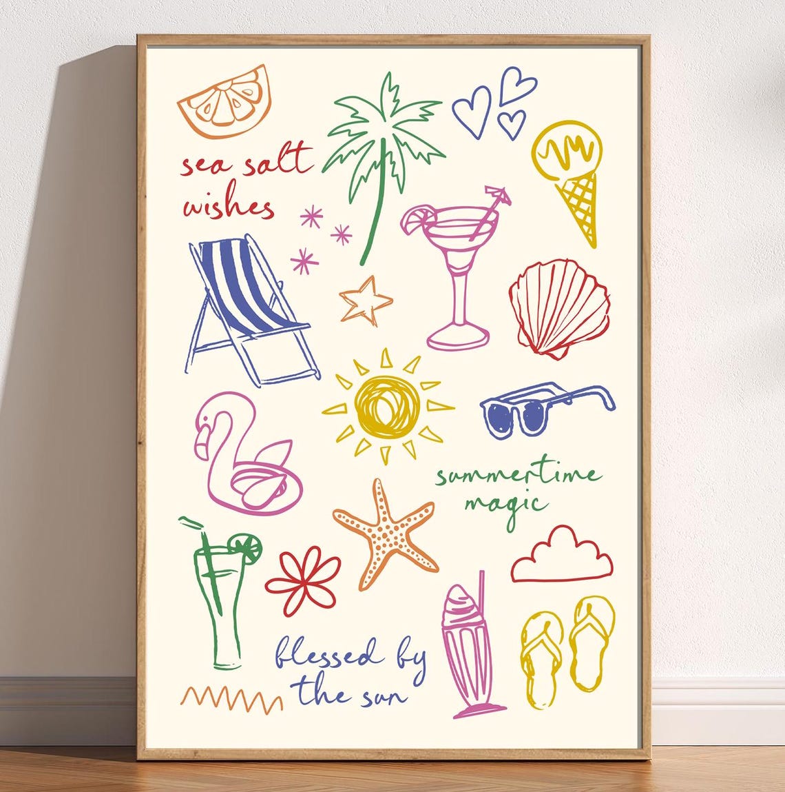 Summer Doodles Sea Salt Wishes Colorful Beach Icons Collage Poster