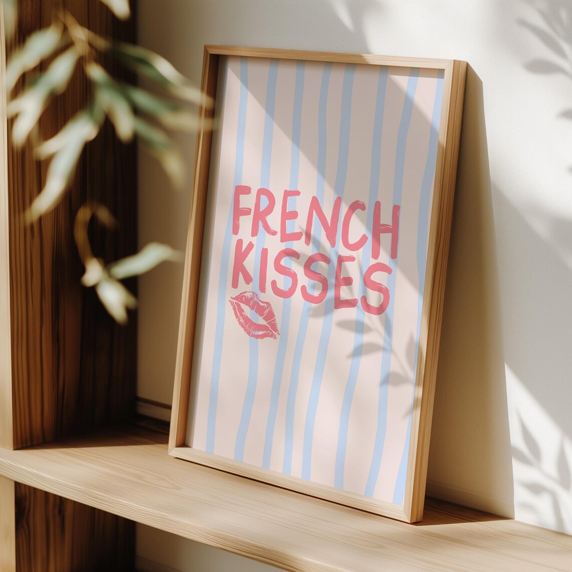 French Kisses Lipstick Kiss Mark Striped Pink Retro Wall Poster - Image 2