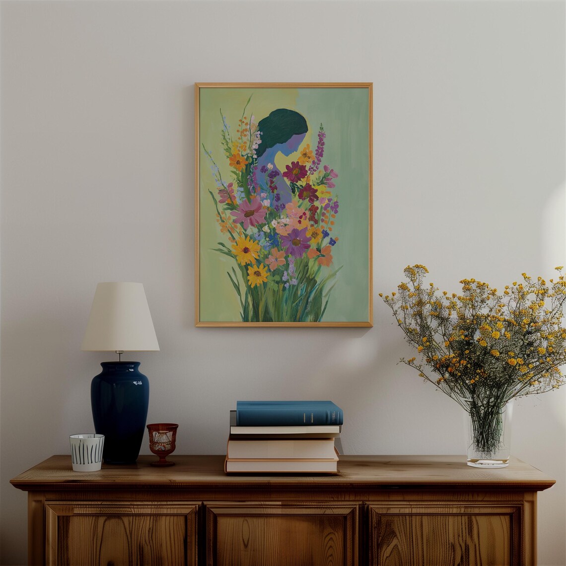 Teal Woman Silhouette Wildflower Meadow Floral Art Painting Poster - Image 2