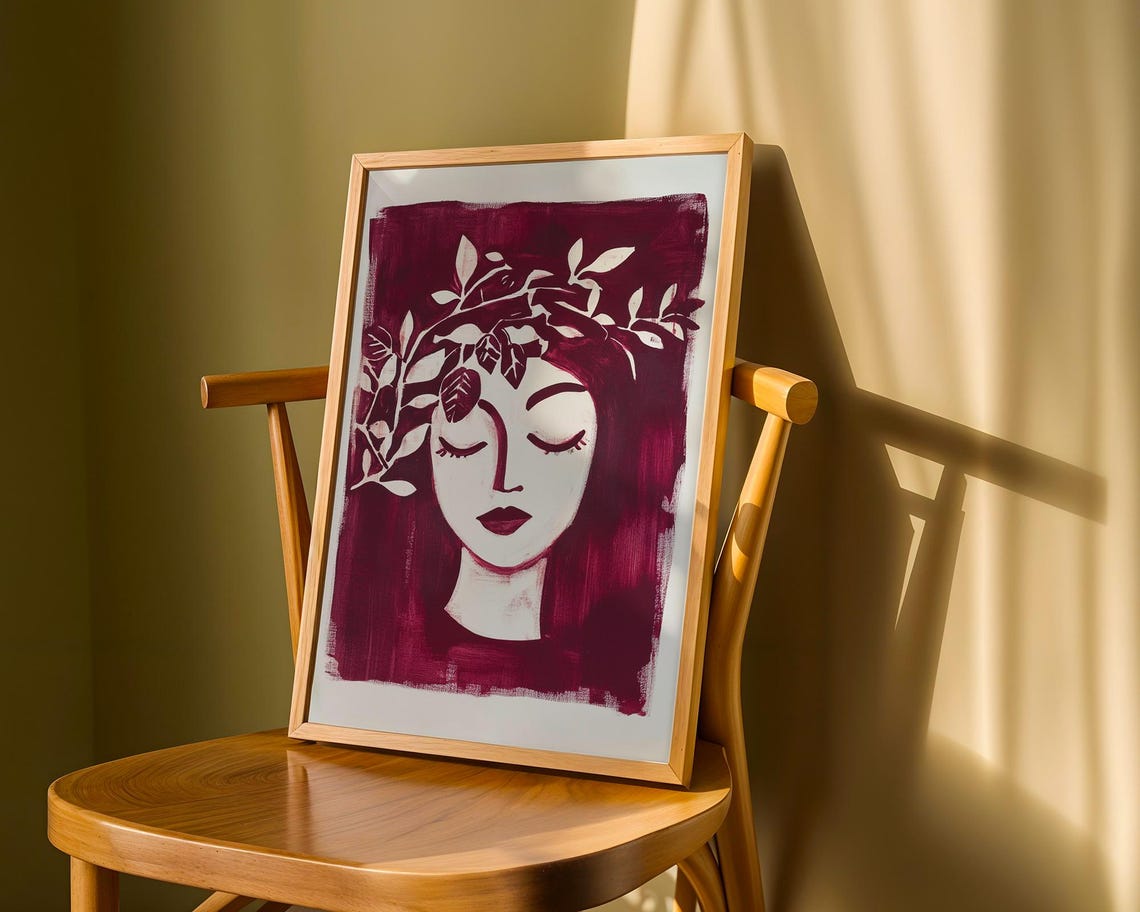 Burgundy Woman Face Leaf Crown Modern Minimalist Style Poster - Image 4