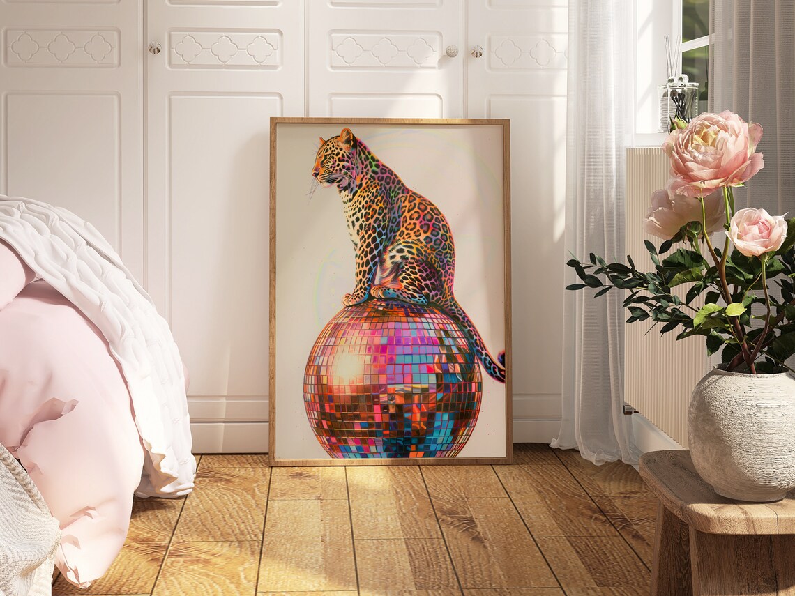 Leopard Sitting On A Disco Ball, Retro Art Print - Image 4
