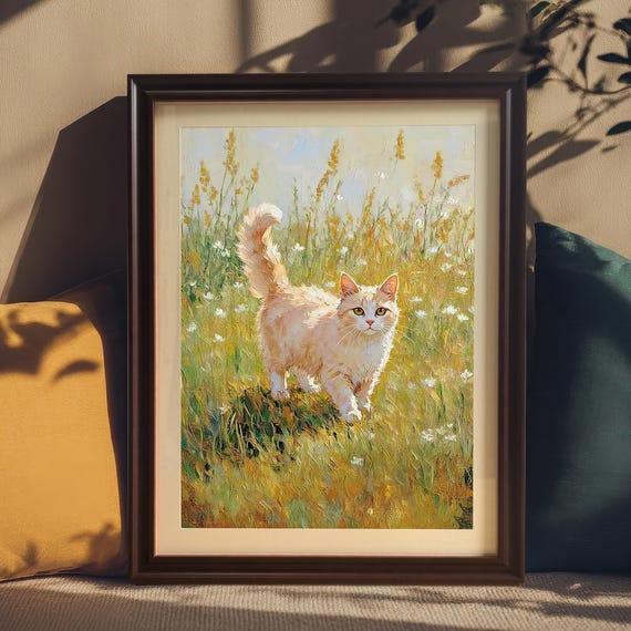 Cream Cat Wandering Sunlit Wildflower Meadow Impressionist Poster