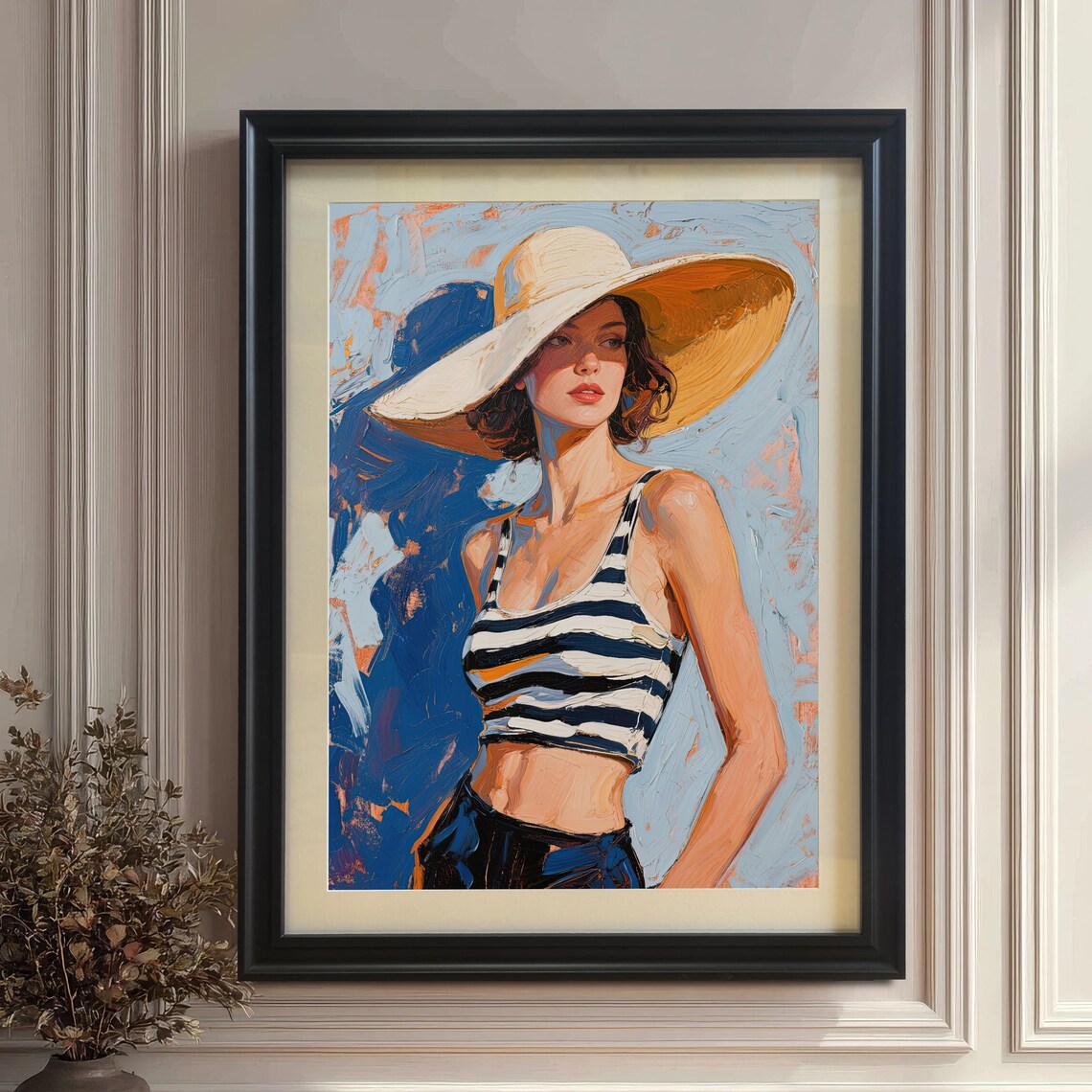 Striped Top Woman With A Straw Hat, Portrait Art Print