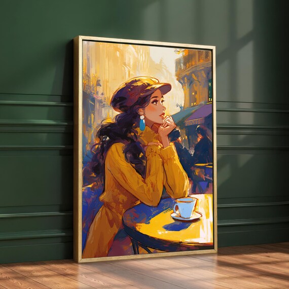 Cozy Cafe Contemplation Art Print Woman In Hat Wall Decor European Bistro Golden Light City Scene