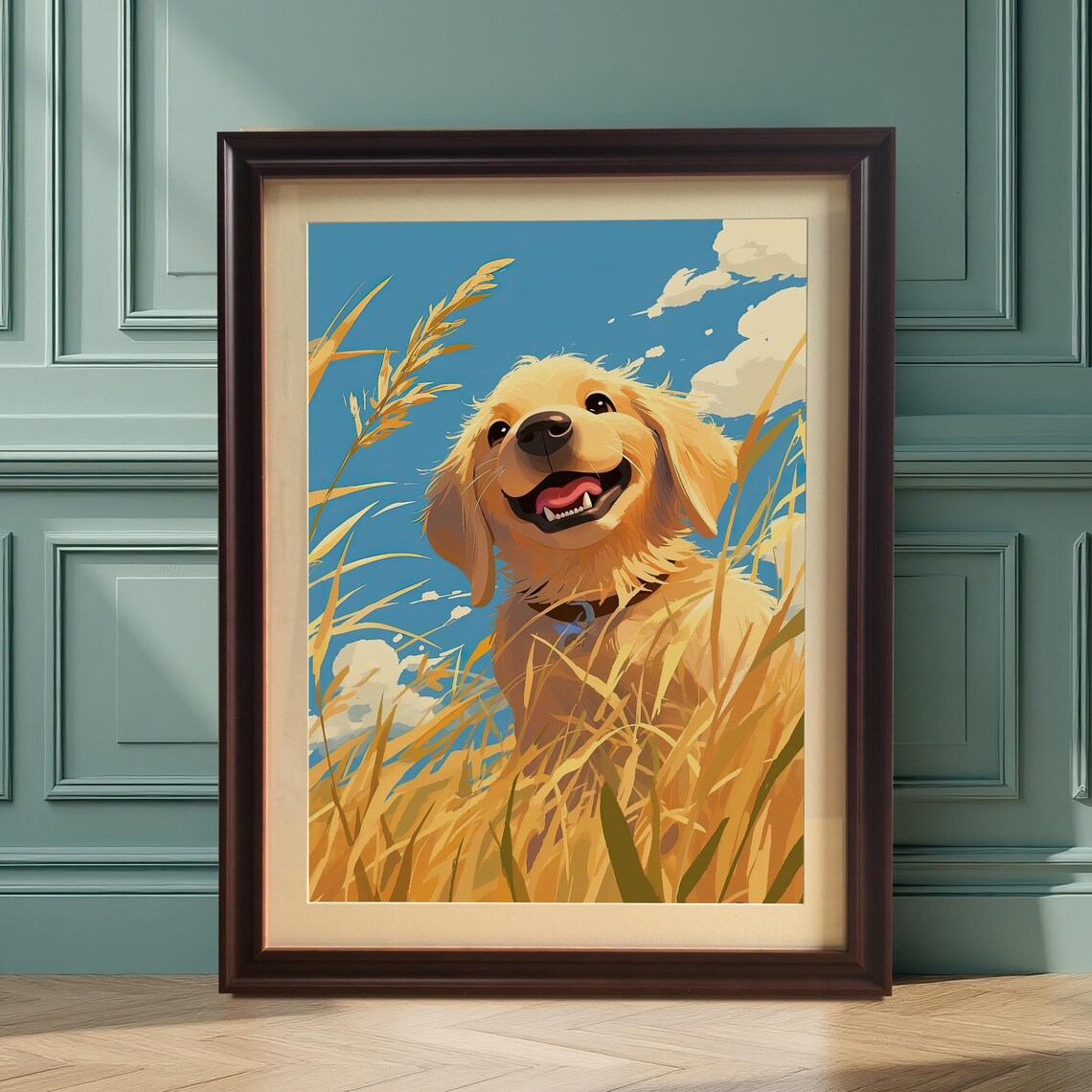 Happy Golden Retriever Pet Portrait, Art Print