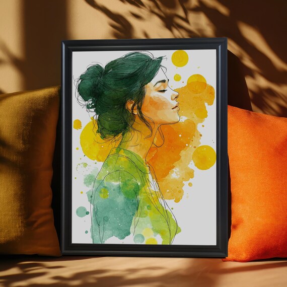 Watercolor Woman Profile Portrait Yellow Green Splashes Art Print