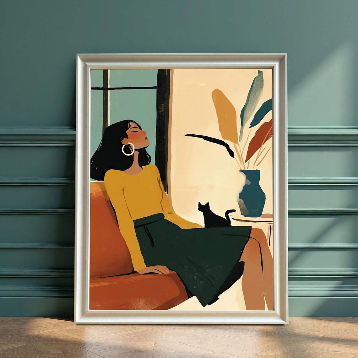 Woman Lounging With Black Cat Midcentury Modern Portrait Poster