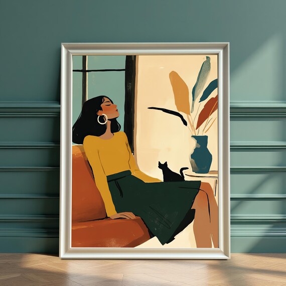Woman Lounging With Black Cat Midcentury Modern Portrait Poster