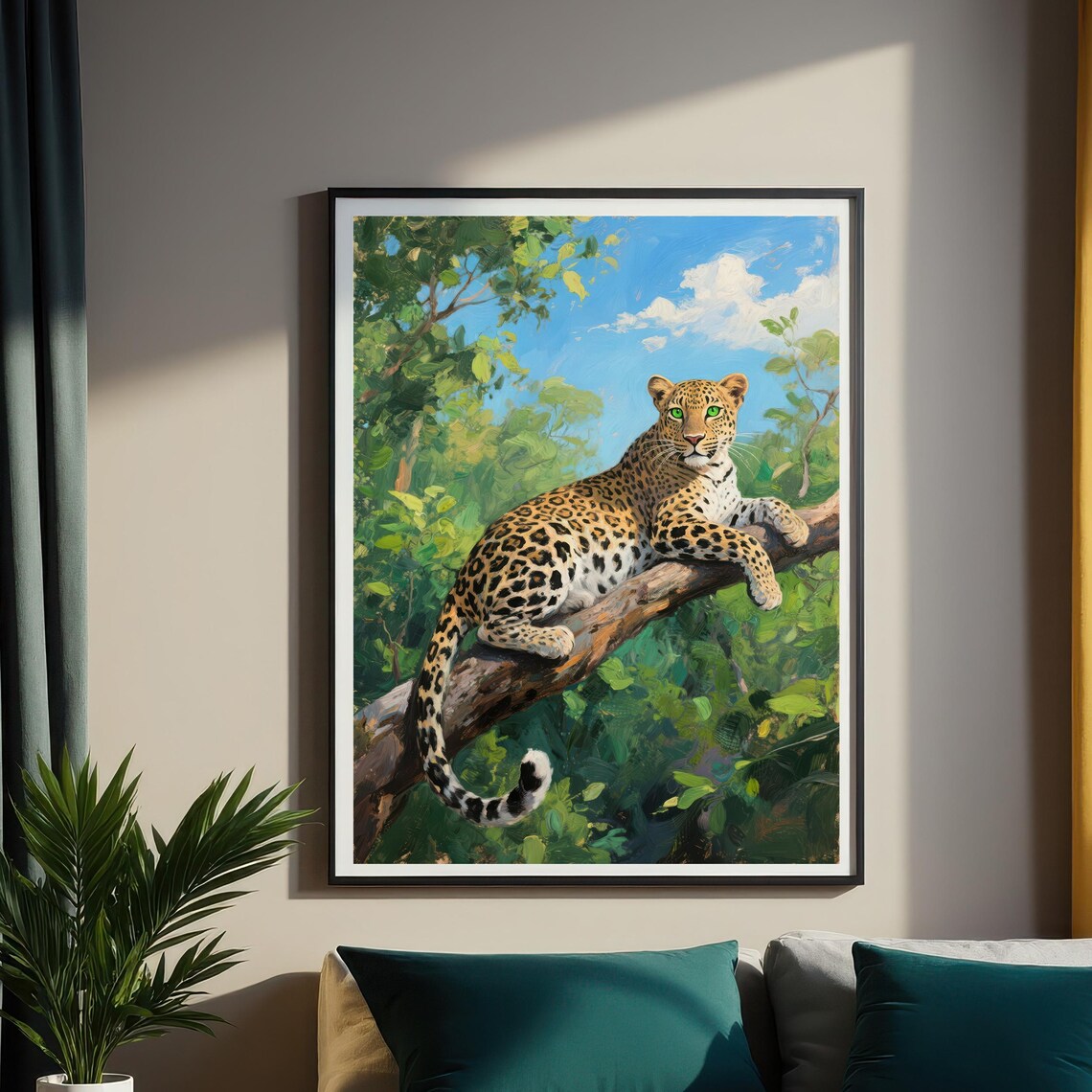 Green Eyed Leopard Resting On Tree Branch Jungle Wildlife Art Poster