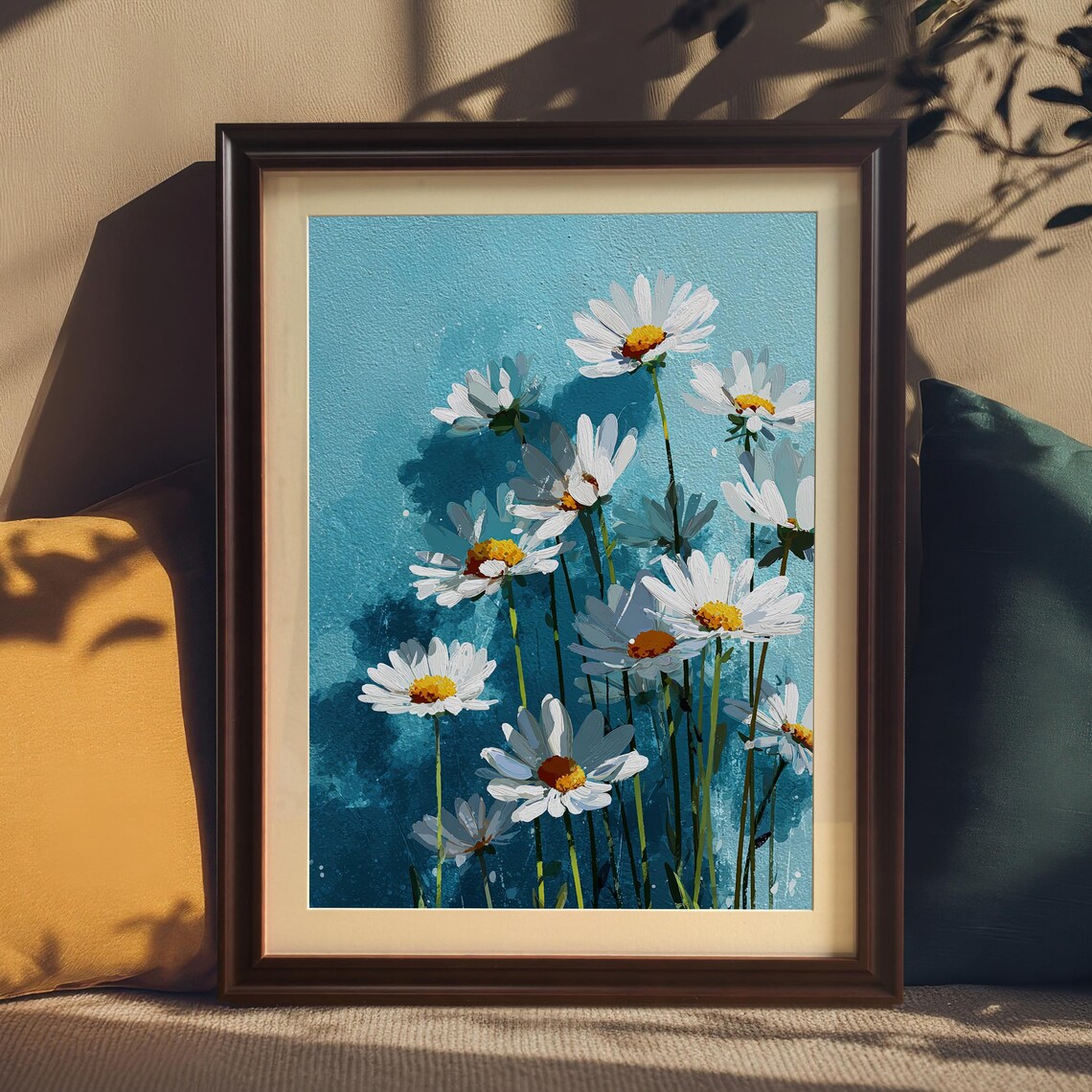 Sunlit White Daisies Loosely Painted on Bright Blue Floral Poster
