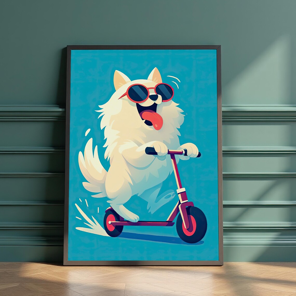 Happy White Fluffy Samoyed Dog Riding Red Scooter Sunglasses Poster