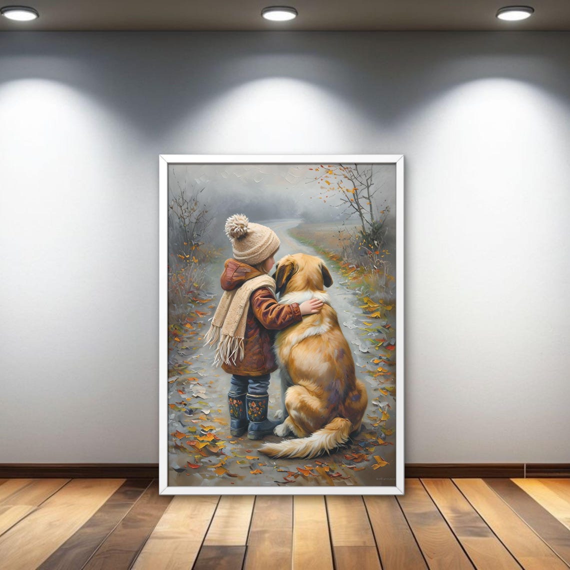 Child Hugging Dog On Autumn Path Sweet Nursery Painting Poster