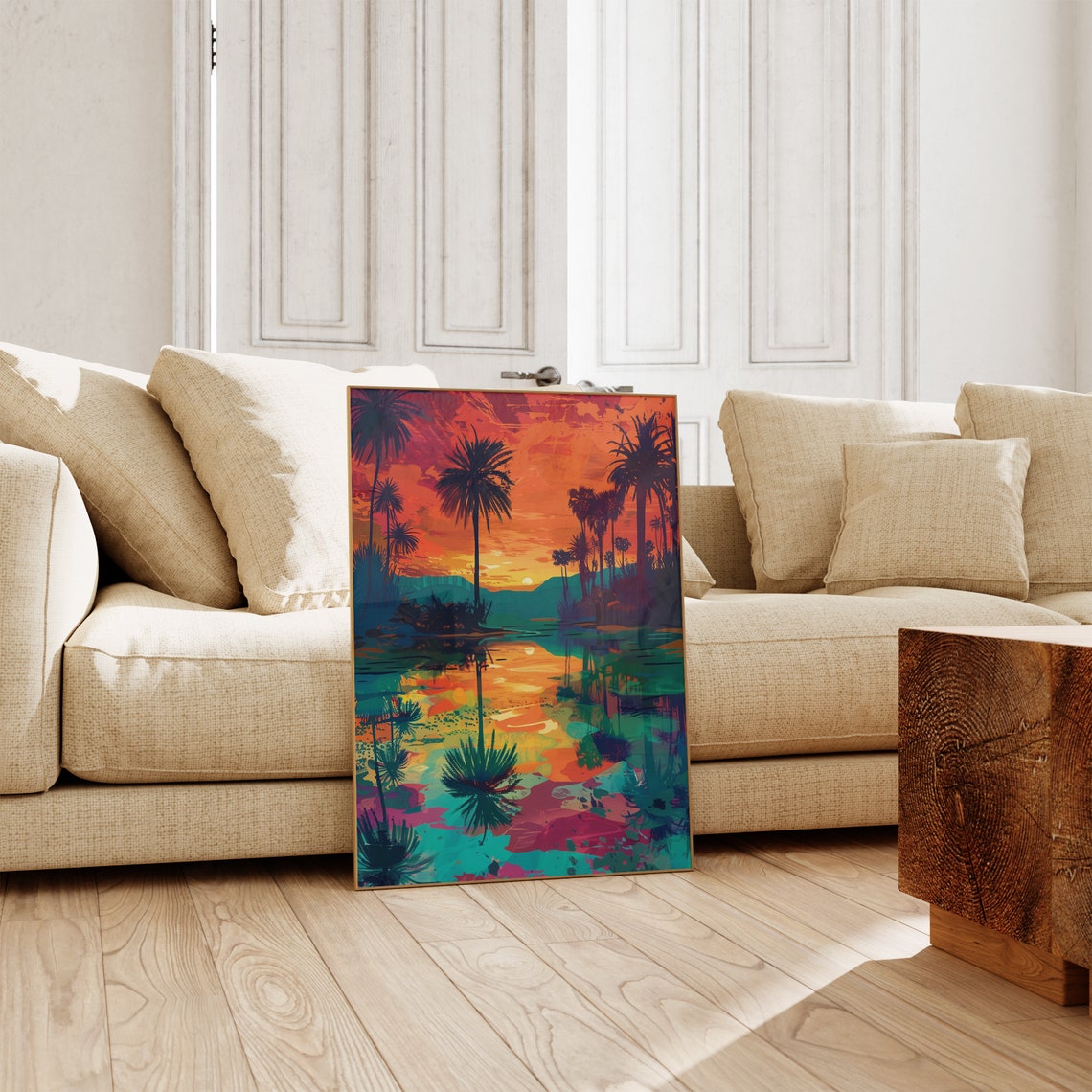 Palm Tree Oasis Sunset Reflected in Water Pop Art Style Poster - Image 2