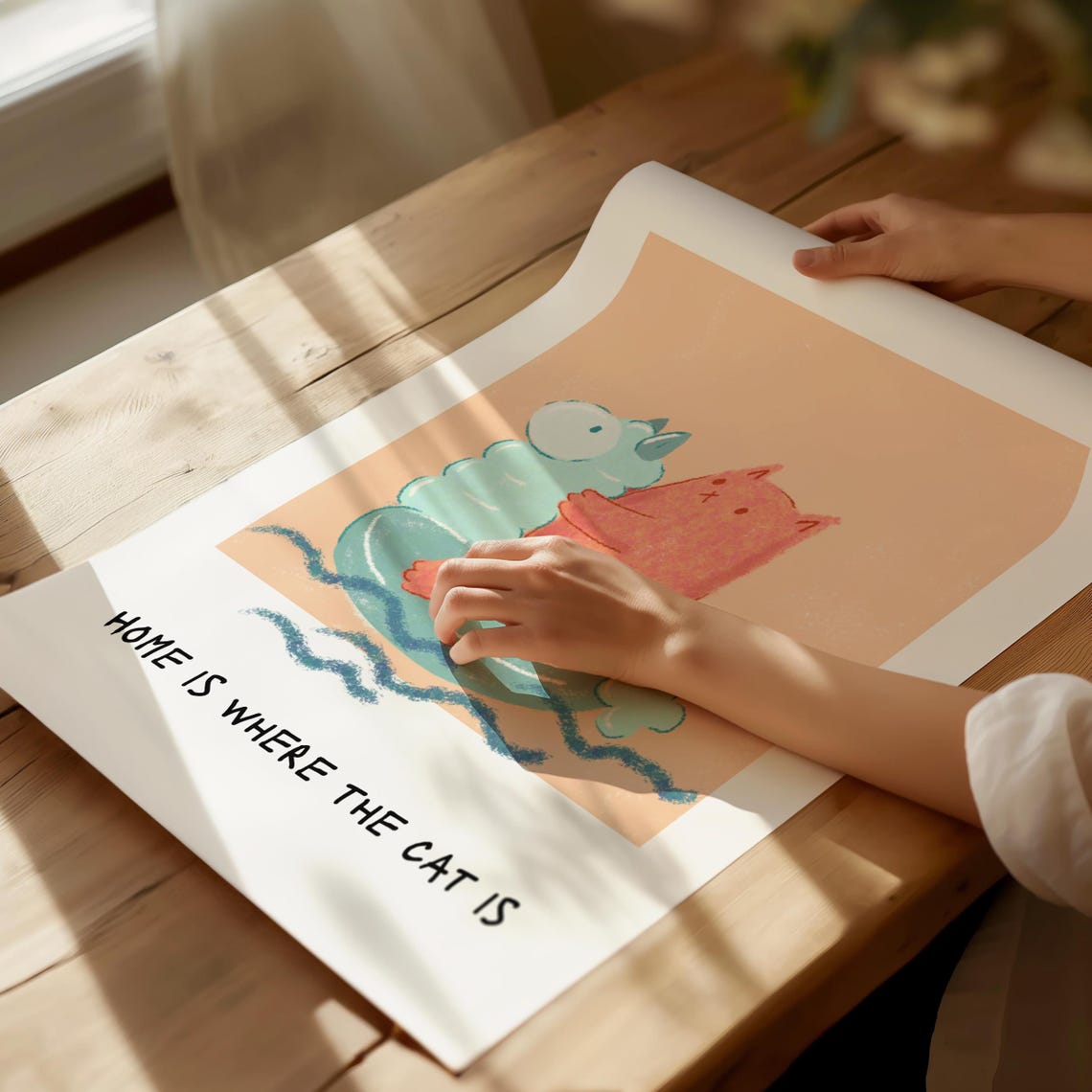 Home Is Where the Cat Is Whimsical Surfing Cat Peach Art Poster - Image 4