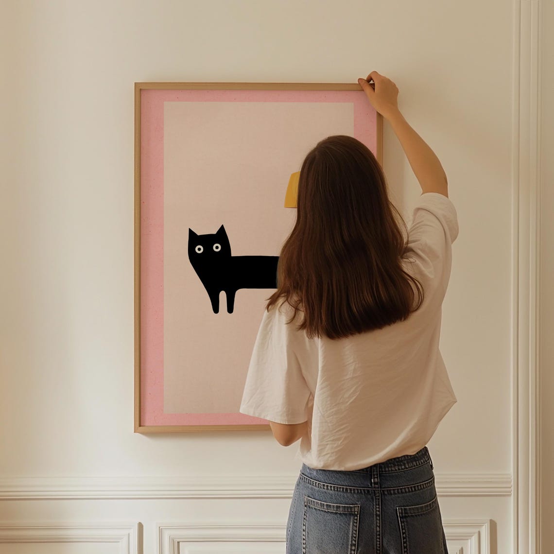 Minimalist Black Cat Silhouette Lamp Pink Frame Modern Poster - Image 3