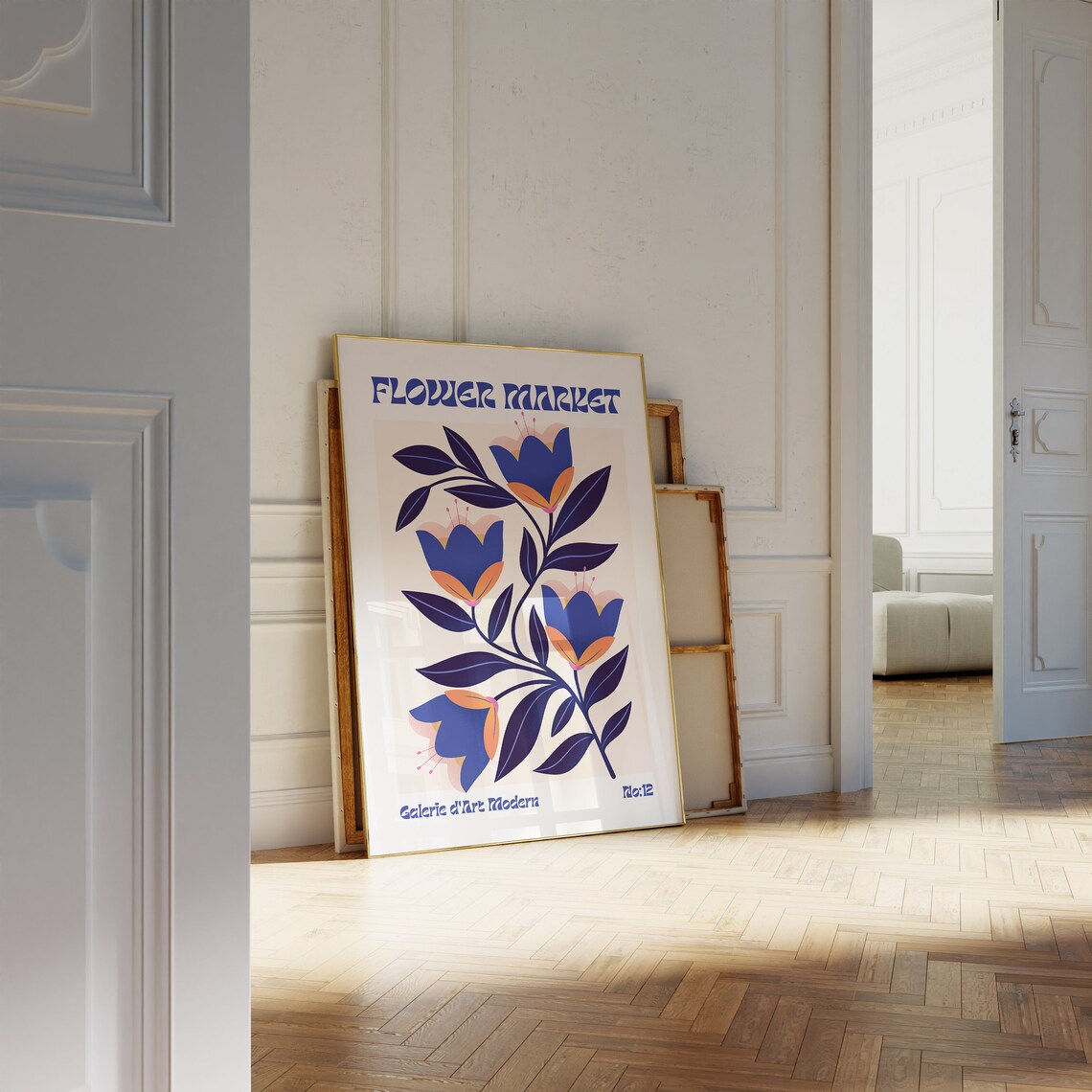 Flower Market No 12 Blue Tulips Orange Retro Floral Art Poster - Image 2