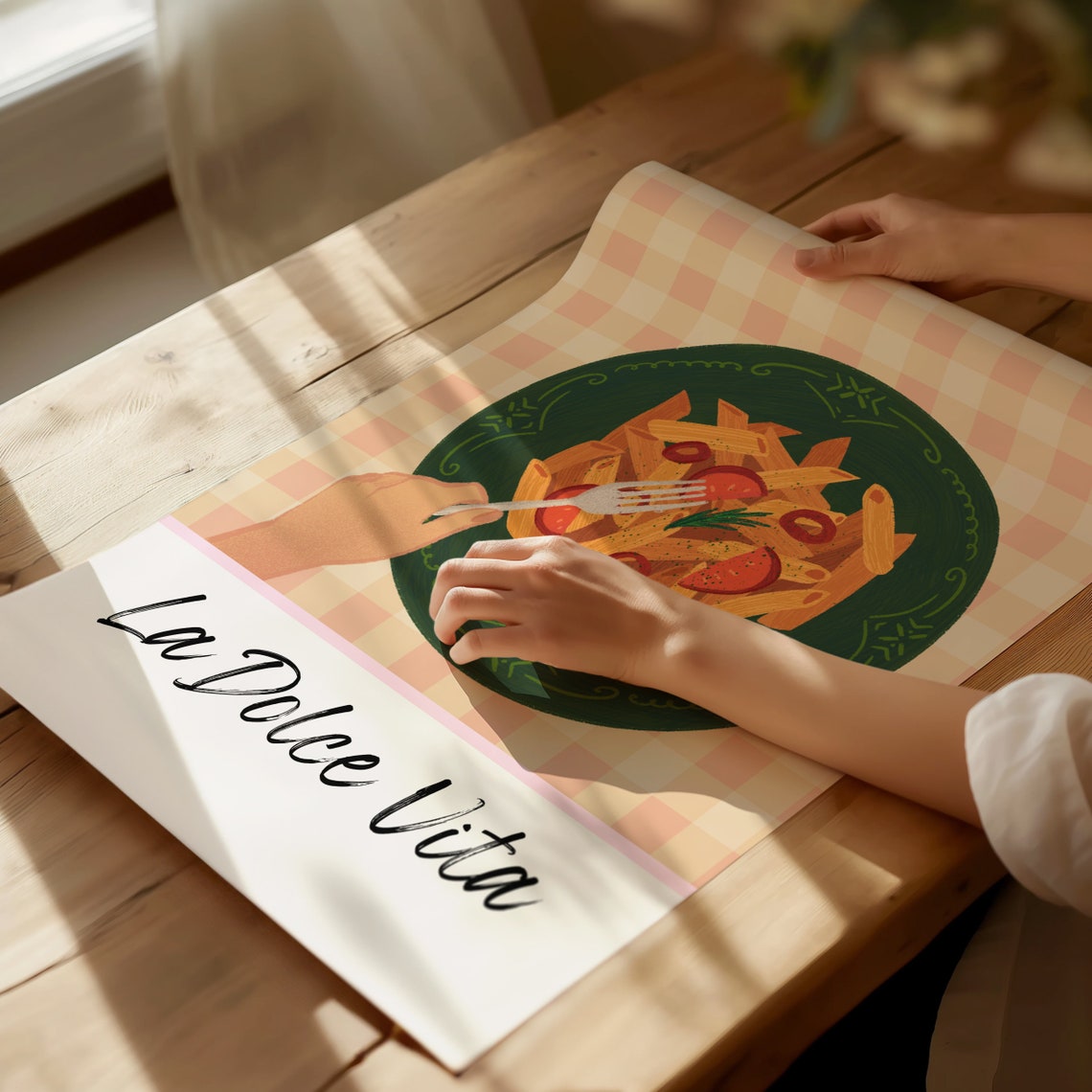 La Dolce Vita Penne Pasta Tomato Gingham Italian Kitchen Art Poster - Image 3