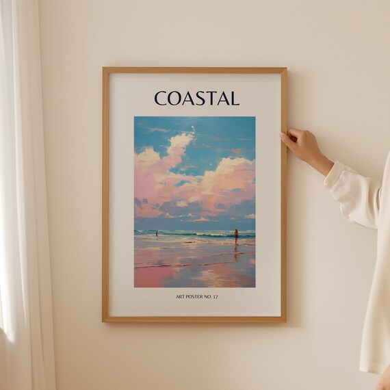 Coastal Pink Sunset Clouds Surfer Beach Scene Art Poster No. 17