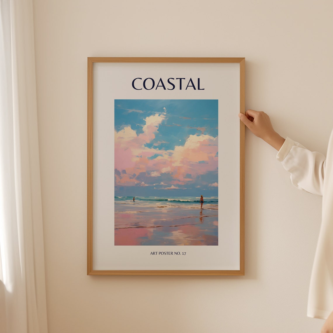 Coastal Pink Sunset Clouds Surfer Beach Scene Art Poster No. 17