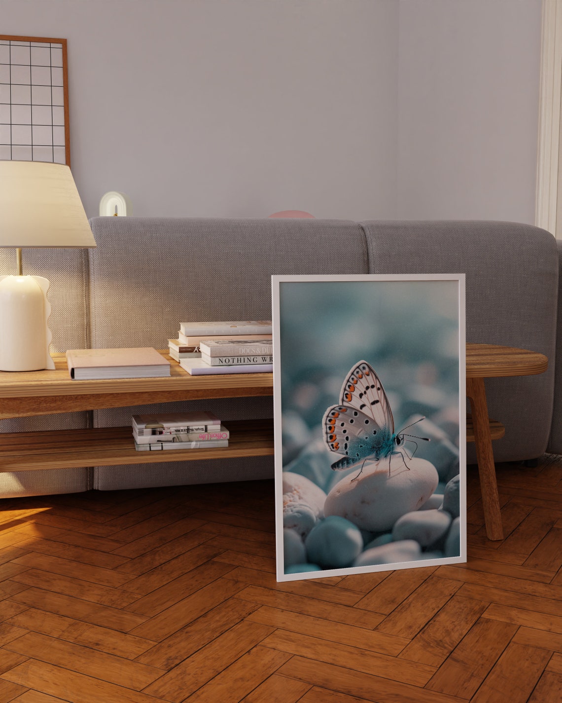 Blue Butterfly Orange Spots Pebbles Macro Photography Art Poster - Image 4