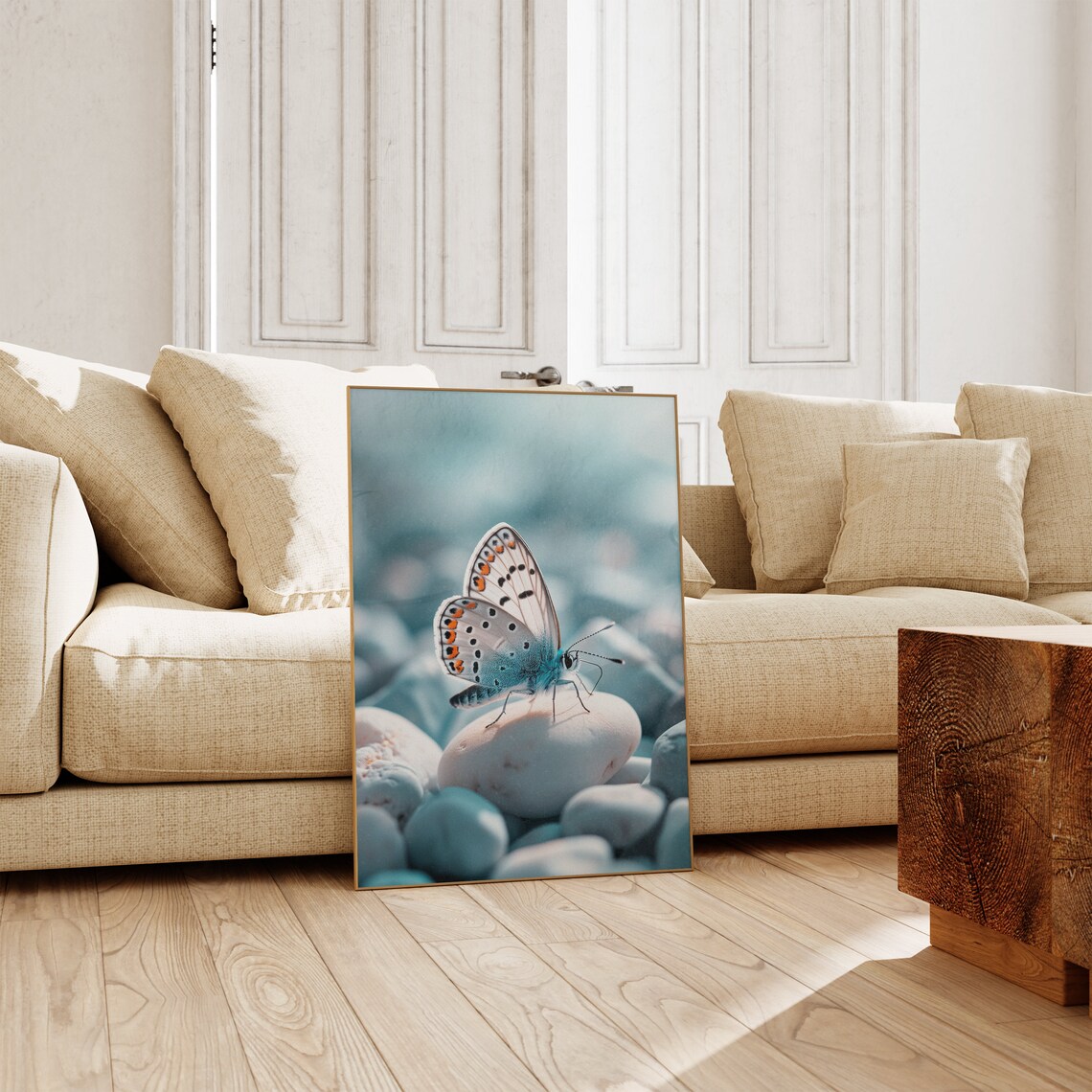 Blue Butterfly Orange Spots Pebbles Macro Photography Art Poster - Image 2