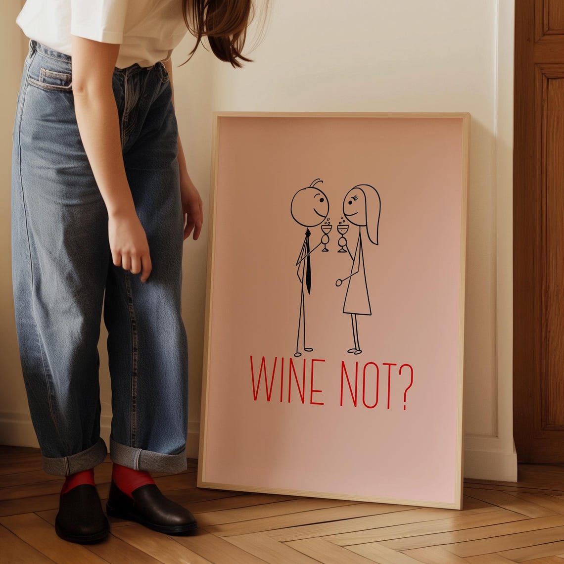 Wine Not Adorable Stick Figure Couple Toasting on Pink Poster - Image 5