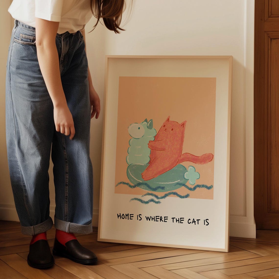 Home Is Where the Cat Is Whimsical Surfing Cat Peach Art Poster - Image 5