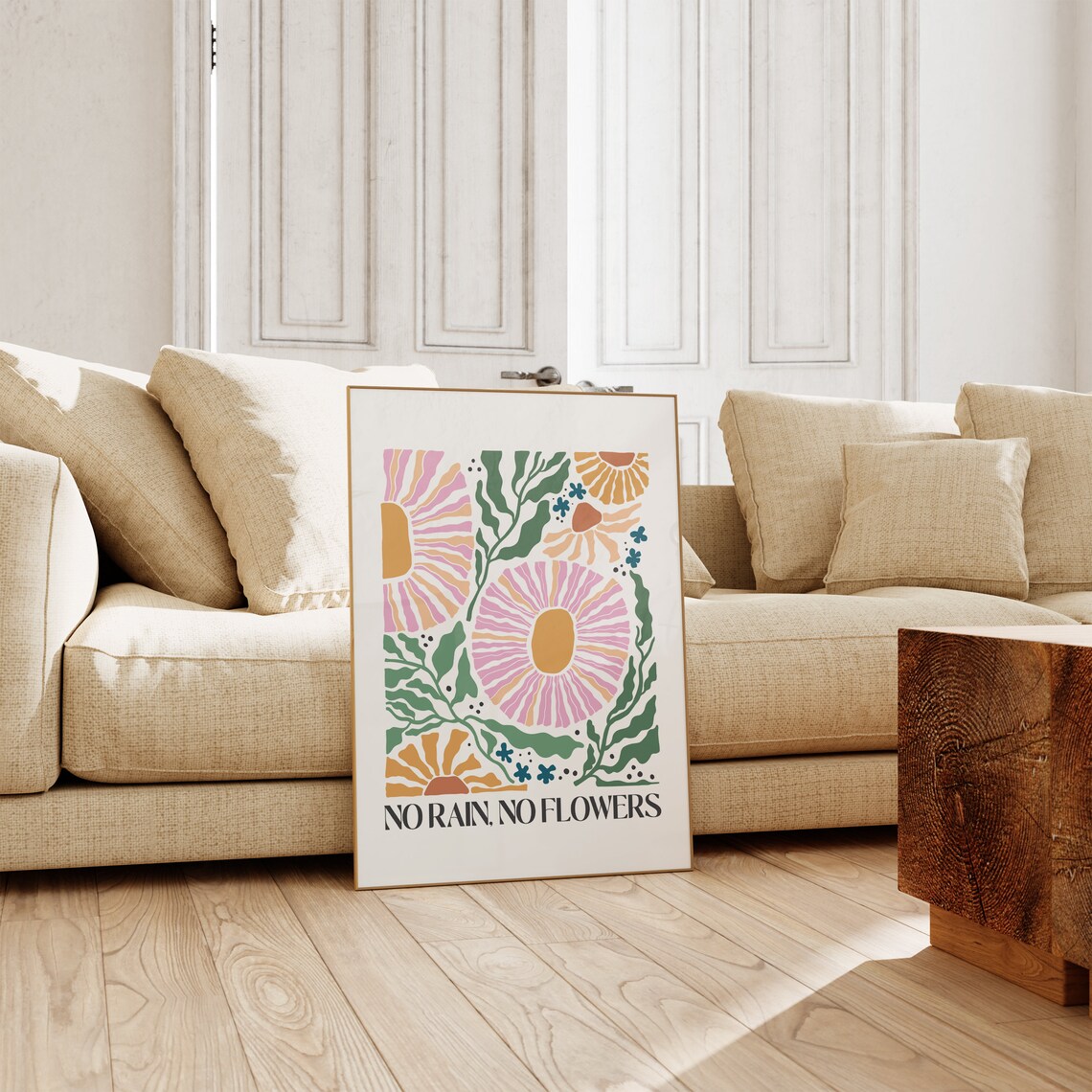 Boho Floral No Rain No Flower Motivational Art Print - Image 2