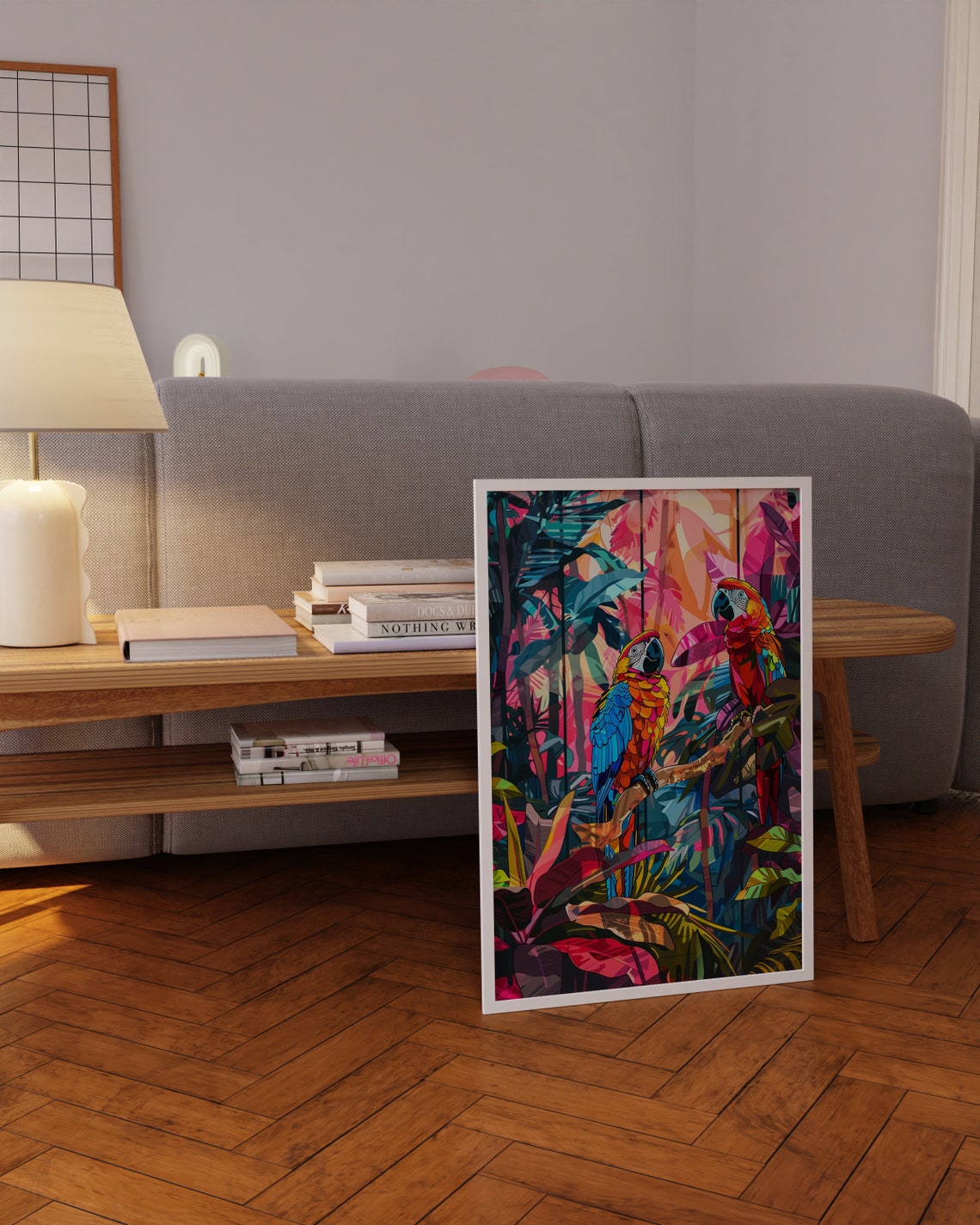 Two Colorful Macaw Parrots in Pink Tropical Foliage Art Poster - Image 3