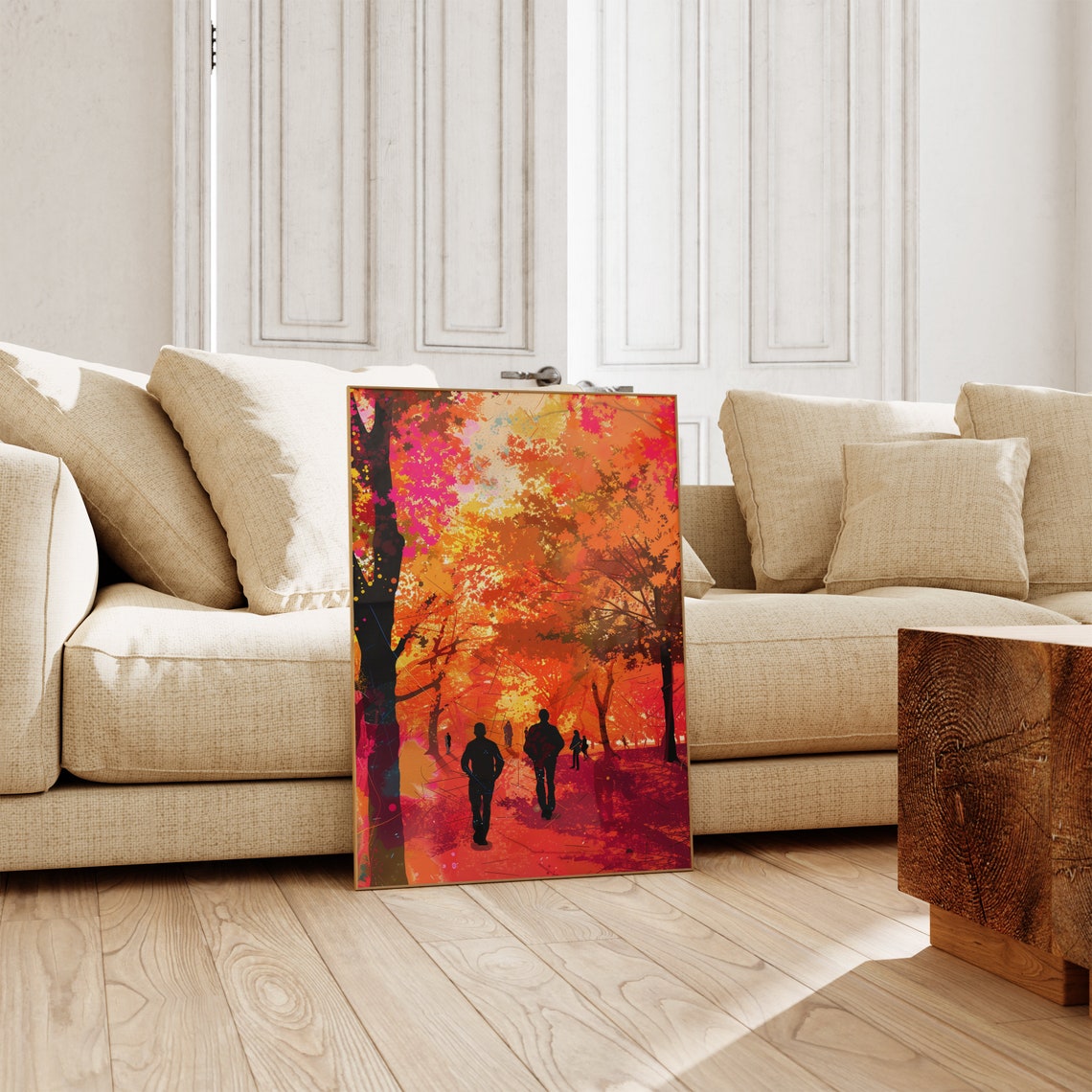 Red Autumn Forest Path with Walking Silhouettes Colorful Art Poster - Image 2