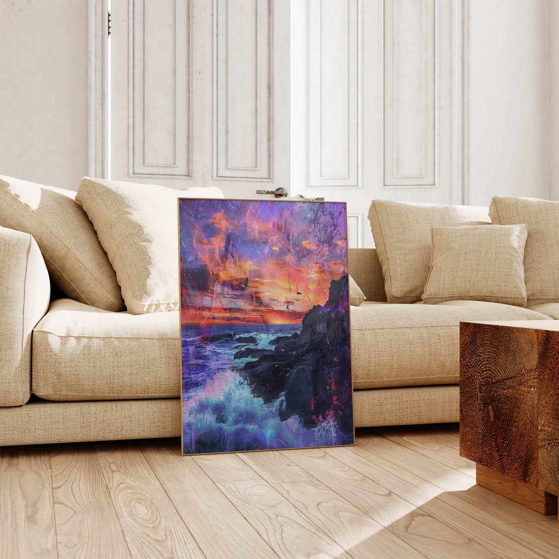 Sunset Ocean Cliffs Birds Purple Orange Dramatic Seascape Poster - Image 2