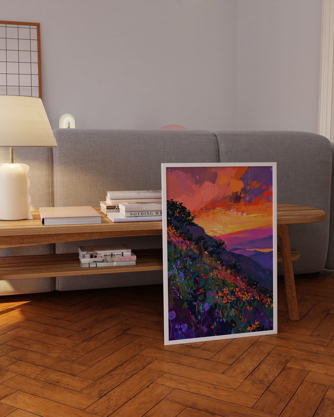 Sunset Over Mountains with Wildflower Meadow and Hiker Art Poster - Image 4