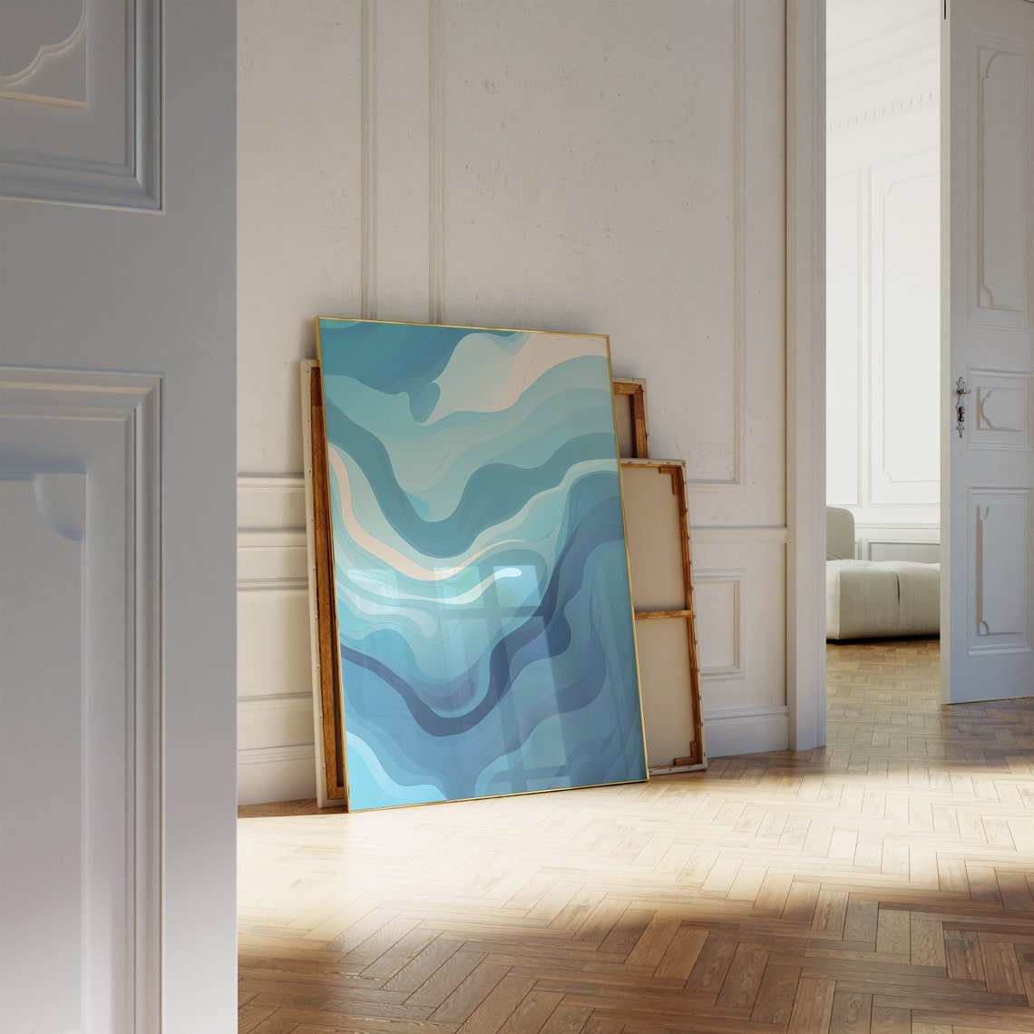 Blue White Ocean Waves Serene Coastal Abstract Modern Art Poster - Image 3