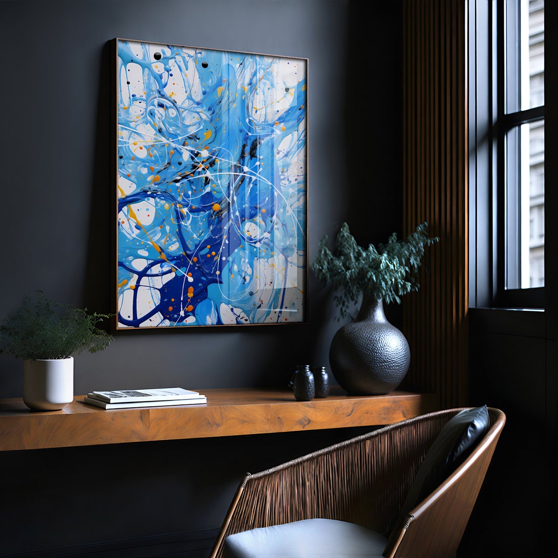 Blue White Orange Dynamic Paint Splatter Abstract Art Poster - Image 2