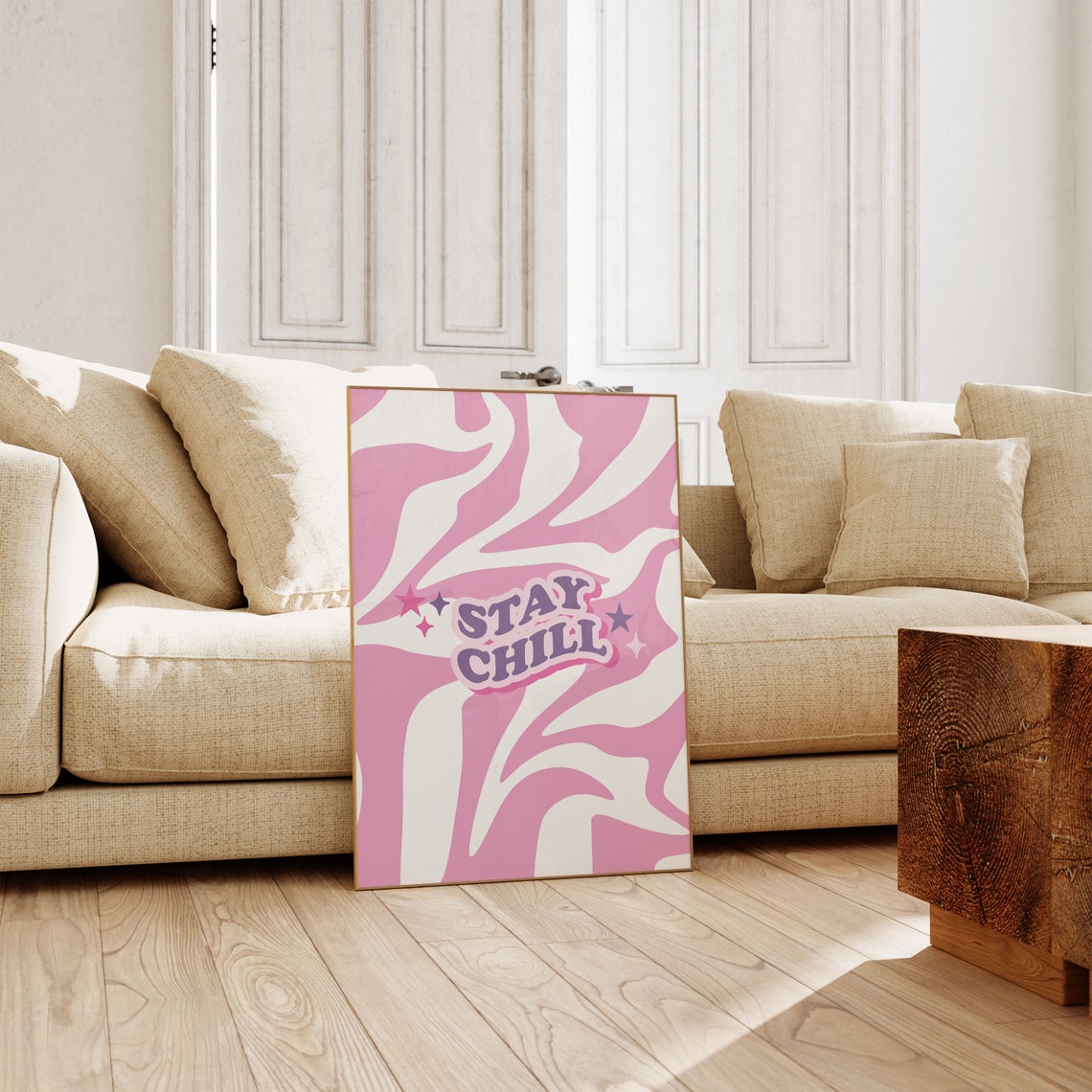 Stay Chill Retro Pink Zebra Stripes Motivational Quote Art Poster - Image 2