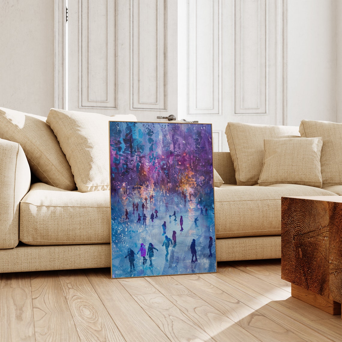 Night Ice Skating Crowd Under Purple Starry Sky Painterly Art Poster - Image 2
