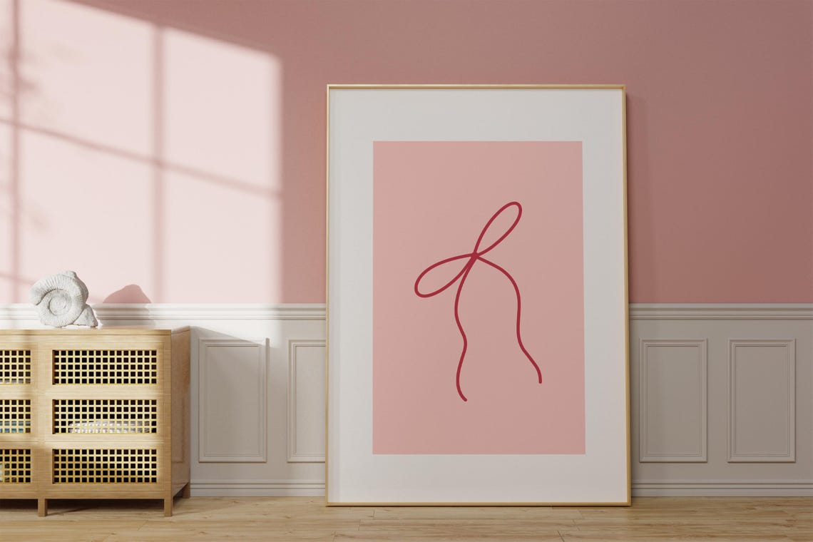 Minimalist Red Bow Line Drawing Poster on Soft Pink Background