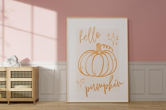 Hello Pumpkin Fall Poster with Orange Hand Drawn Pumpkin Art